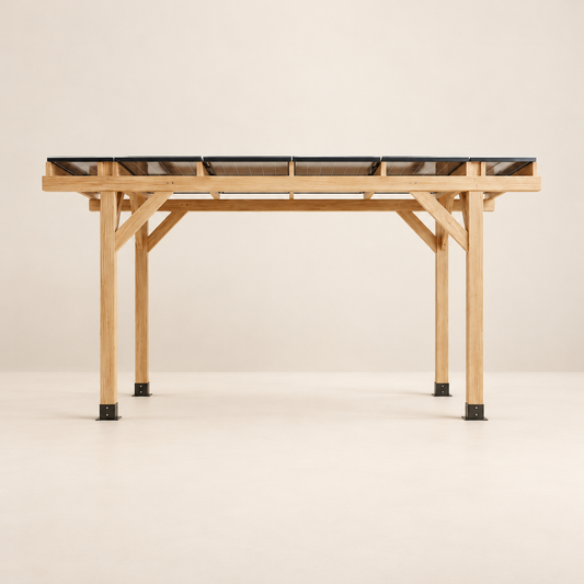 SunOrange cedar solar gazebo with rooftop panels in a warm ivory studio