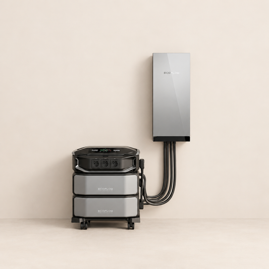 EcoFlow inverter, two battery modules and smart home panel on a warm ivory background