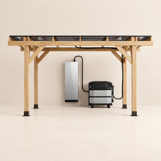 SunOrange cedar solar gazebo with solar panels and energy storage equipment
